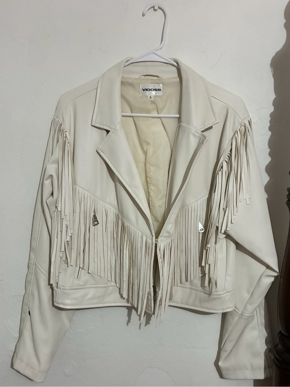 Vigoss Cream Fringe Leather Moto Jacket